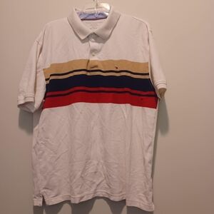 Tommy Hilfiger Mens XXL Polo Shirt Stripe White‎ Red Blue Tan Short Sleeve